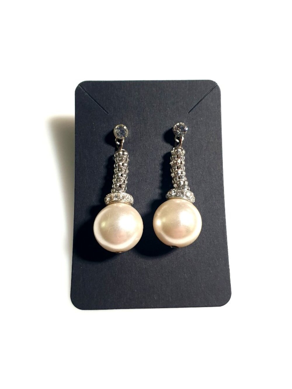 Elegant Faux Pearl Drop Earrings Silver Tone Rhinestone Classic Dangle Pierced